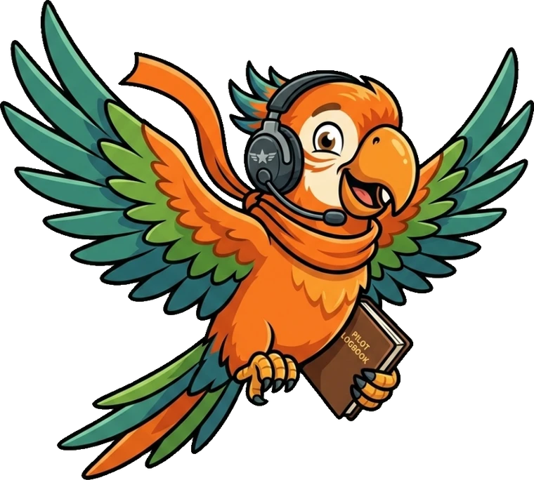 Pylott the parrot mascot in flight, wings spread, wearing an aviation headset and carrying a pilot logbook
