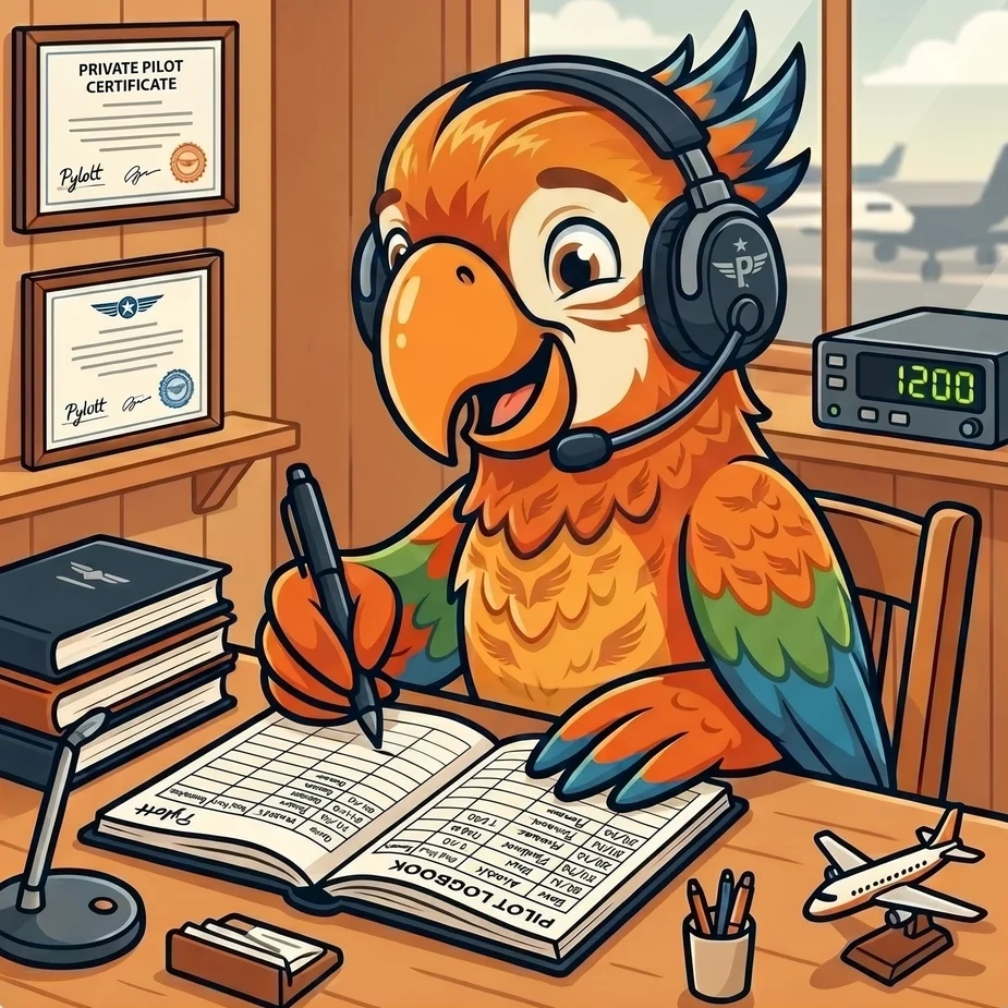 Pylott, a parrot in an aviation headset, writing in a pilot logbook at a desk